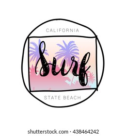 Vintage watercolor surf print with typography design Surf and palm trees at sunset on background. Tropical vector design, fashion print, T-shirt design.