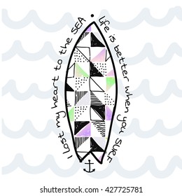 Vintage watercolor surfboard. Tropical vector set, fashion print, T-shirt design. Abstract handrawn pattern.