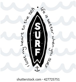 Vintage watercolor surfboard and waves on background. Lettering SURF. Tropical vector set, fashion print, T-shirt design. 