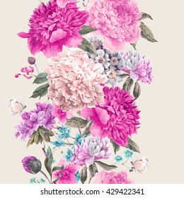 Vintage watercolor vector floral seamless border, Bouquet of peonies and wild flowers, Watercolor botanical natural peonies Illustration. Summer floral peonies greeting card