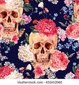 Vintage watercolor vector seamless pattern with skull and flowers, peony, wildflowers bouquet, butterfly. Hand drawn illustration on navy blue  in watercolor style
