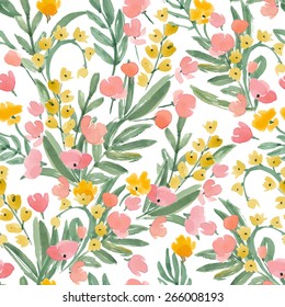 Vintage Watercolor Wallpaper of hand drawn Flowers and Leaf. Vector Seamless Pattern. Colorful Background for your design