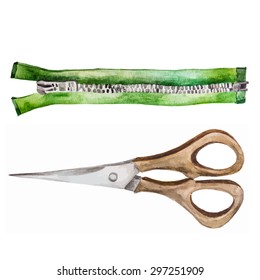  Vintage Watercolor Zipper and Scissors