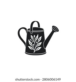 Una silueta de regadera vintage con una huella de hoja botánica