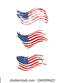 Vintage waving USA flag set. Vector waving American flags on grunge texture.