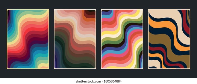 Vintage Wavy Backgrounds from the 1970s, Colorful Pattern Set, Retro Color Combinations