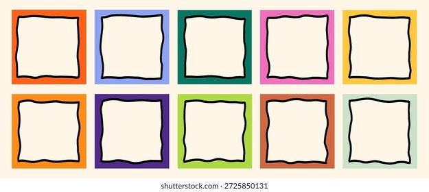Kit de marco cuadrado ondulado Antiguas. Colección de borde de imagen de onda linda de vieira cuadrada. Conjunto de forma de marco ondulado de vieira. Ilustración vectorial