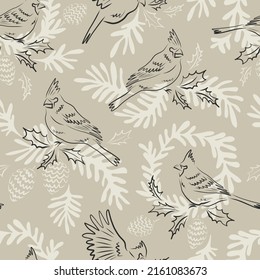 Vintage waxwing winter bird on pine tree branch with cone linear minimalistic vector seamless pattern. Xmas Winter wonderland background. Merry Christmas surface design for gift wrapping paper.