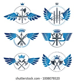 Vintage Weapon Emblems set. Heraldic signs vector vintage elements collection.
