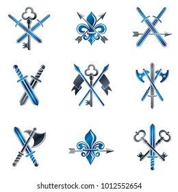 Vintage Weapon Emblems set. Heraldic signs vector vintage elements collection.