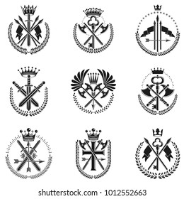 Vintage Weapon Emblems set. Heraldic signs vector vintage elements collection.