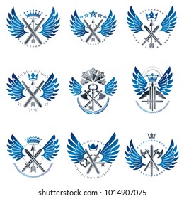 Vintage Weapon Emblems set. Heraldic Coat of Arms, vintage vector emblems collection.