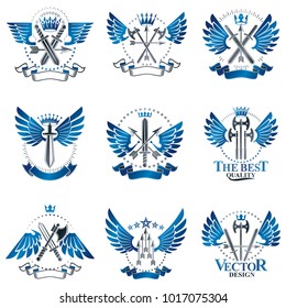 Vintage Weapon Emblems set. Heraldic Coat of Arms decorative emblems isolated vector illustrations collection.