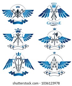 Vintage Weapon Emblems set. Heraldic coat of arms decorative emblems collection.