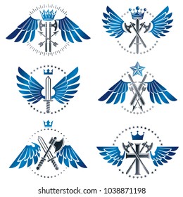 Vintage Weapon Emblems set. Heraldic coat of arms decorative emblems collection.