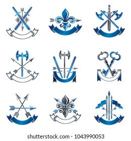 Vintage Weapon Emblems set. Heraldic signs vector vintage elements collection.