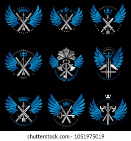 Vintage Weapon Emblems set. Heraldic Coat of Arms, vintage vector emblems collection.