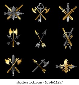 Vintage Weapon Emblems set. Heraldic coat of arms decorative emblems collection.