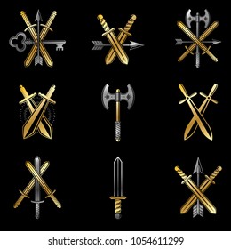 Vintage Weapon Emblems set. Heraldic coat of arms decorative emblems collection.