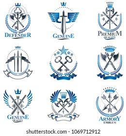 Vintage Weapon Emblems set. Heraldic coat of arms decorative emblems collection.