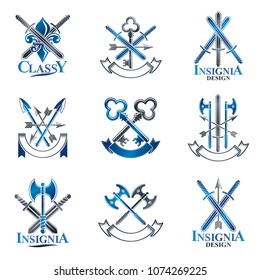 Vintage Weapon Emblems set. Heraldic signs vector vintage elements collection.