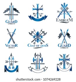 Vintage Weapon Emblems set. Heraldic Coat of Arms decorative emblems isolated vector illustrations collection.