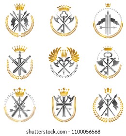 Vintage Weapon Emblems set. Heraldic signs vector vintage elements collection.