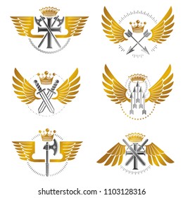Vintage Weapon Emblems set. Heraldic signs vector vintage elements collection.