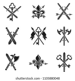 Vintage Weapon Emblems set. Heraldic signs vector vintage elements collection.