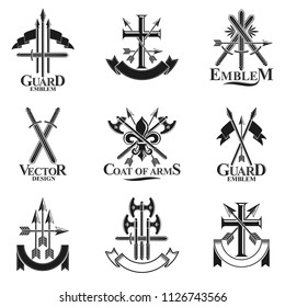 Vintage Weapon Emblems set. Heraldic Coat of Arms decorative emblems isolated vector illustrations collection.