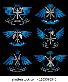 Vintage Weapon Emblems set. Heraldic coat of arms decorative emblems collection.