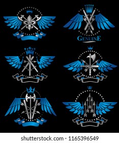 Vintage Weapon Emblems set. Heraldic coat of arms decorative emblems collection.