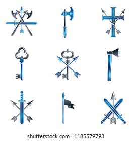 Vintage Weapon Emblems set. Heraldic coat of arms decorative emblems collection.