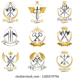Vintage Weapon Emblems set. Heraldic coat of arms decorative emblems collection.