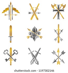 Vintage Weapon Emblems set. Heraldic signs vector vintage elements collection.