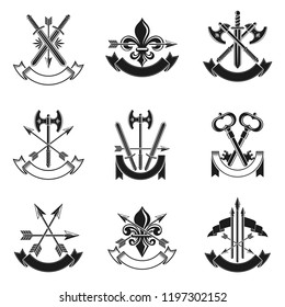 Vintage Weapon Emblems set. Heraldic signs vector vintage elements collection.