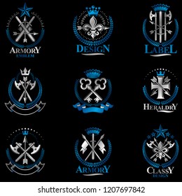 Vintage Weapon Emblems set. Heraldic Coat of Arms, vintage vector emblems collection.