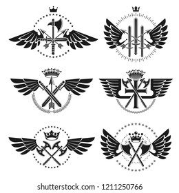 Vintage Weapon Emblems set. Heraldic signs vector vintage elements collection.