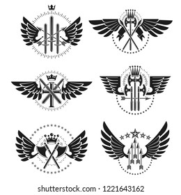 Vintage Weapon Emblems set. Heraldic Coat of Arms decorative emblems isolated vector illustrations collection.