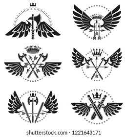 Vintage Weapon Emblems set. Heraldic coat of arms decorative emblems collection.