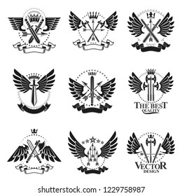 Vintage Weapon Emblems set. Heraldic Coat of Arms decorative emblems isolated vector illustrations collection.