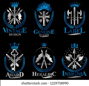 Vintage Weapon Emblems set. Heraldic Coat of Arms, vintage vector emblems collection.