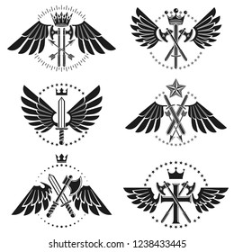 Vintage Weapon Emblems set. Heraldic coat of arms decorative emblems collection.