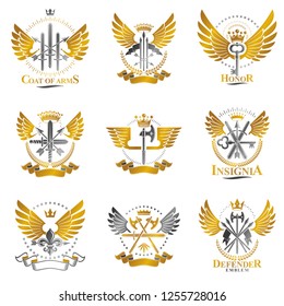 Vintage Weapon Emblems set. Heraldic Coat of Arms decorative emblems isolated vector illustrations collection.