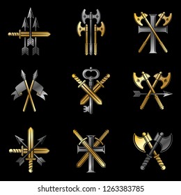 Vintage Weapon Emblems set. Heraldic Coat of Arms, vintage vector emblems collection.