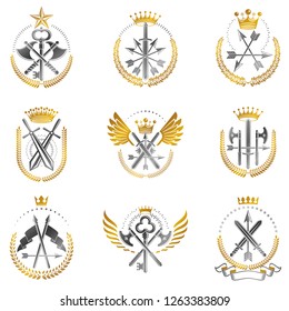 Vintage Weapon Emblems set. Heraldic Coat of Arms decorative emblems isolated vector illustrations collection.