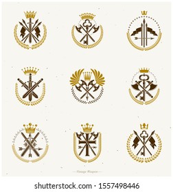 Vintage Weapon Emblems set. Heraldic signs vector vintage elements collection.