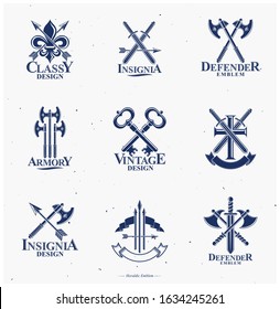 Vintage Weapon Emblems set. Heraldic Coat of Arms decorative emblems isolated vector illustrations collection.