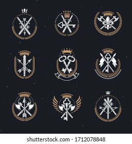 Vintage Weapon Emblems set. Heraldic Coat of Arms decorative emblems isolated vector illustrations collection.
