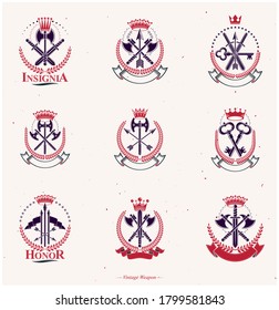 Emblemas de armas de época. Escudo de armas heráldico, colección de emblemas vectoriales vintage.